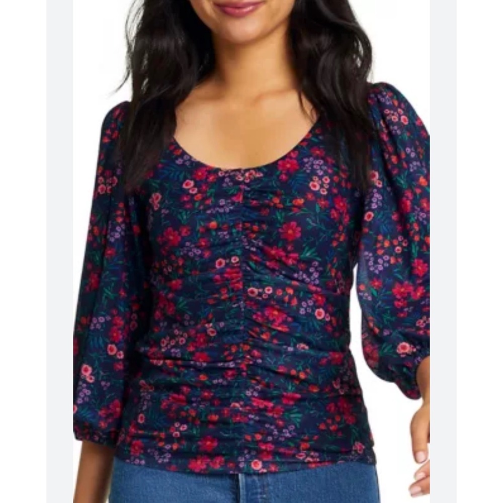 Draper James Shelby Floral Mesh Ruched Puff Sleeve Blouse Navy Blue Size Medium